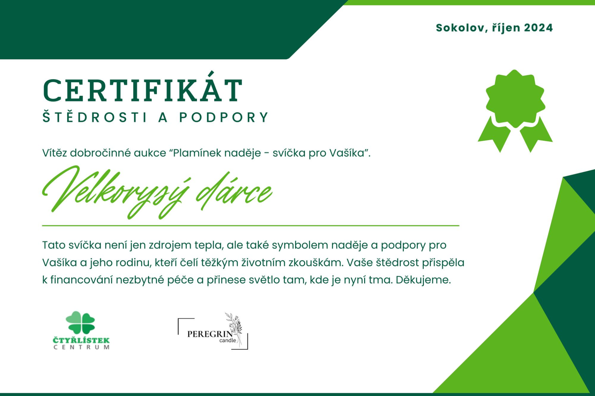 Plamínek naděje - svíčka pro Vašíka